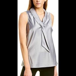 Tahari ASL Silky Silver Grey Sailor-Style Tie-Neck Sleeveless Top XS